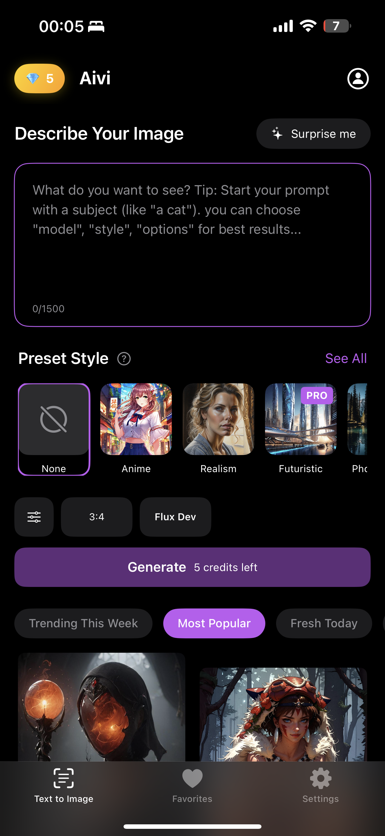 Aivi app screenshot showing AI art generation interface